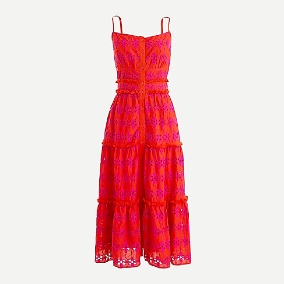 Button-up tiered midi dress in eyelet